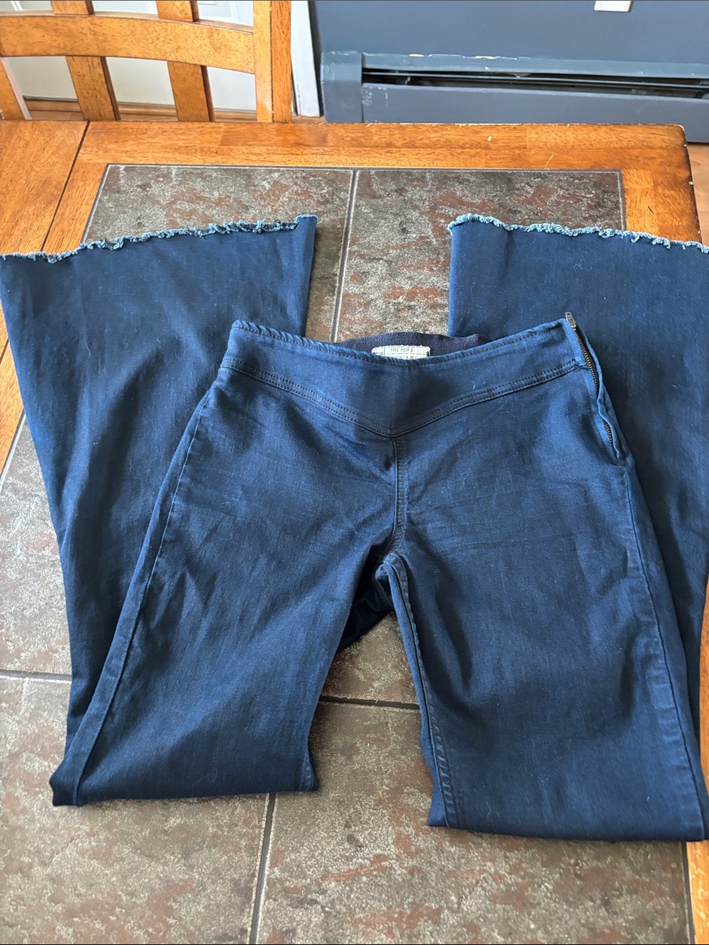 Free People Navy Wide-Leg Jeans with Frayed Hem
